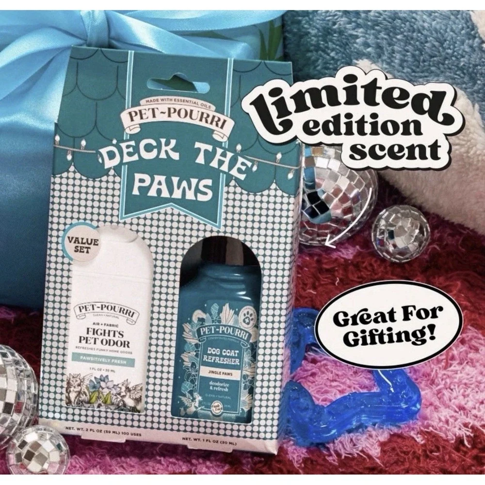 PET-POURRI DECK THE PAWS GIFT SET AIR FABRIC DEODORIZER DOG COAT REFRESHER New